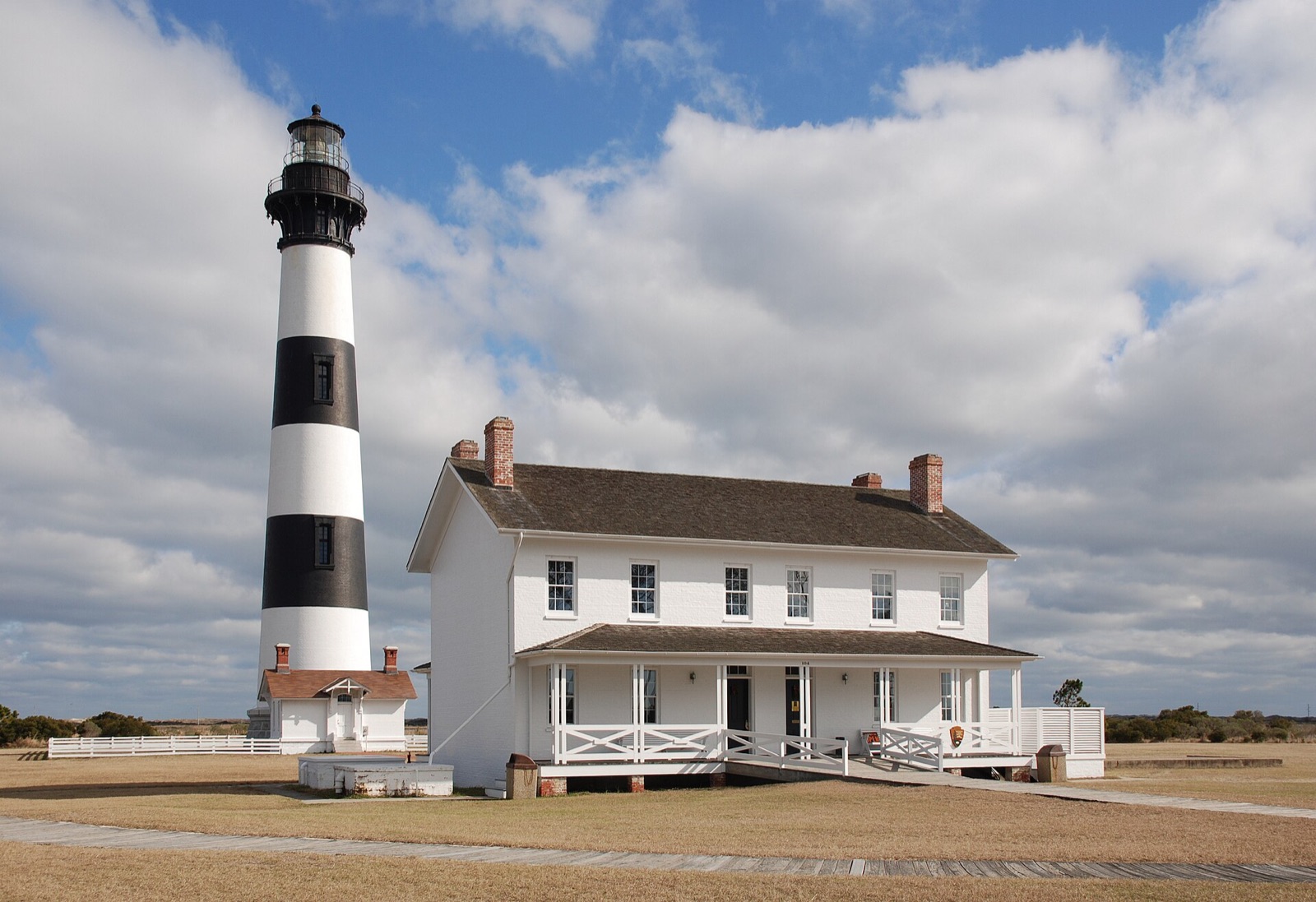The black-and-white banded Bodie Island Lighthouse rising from the marsh near Nags Head, North Carolina.