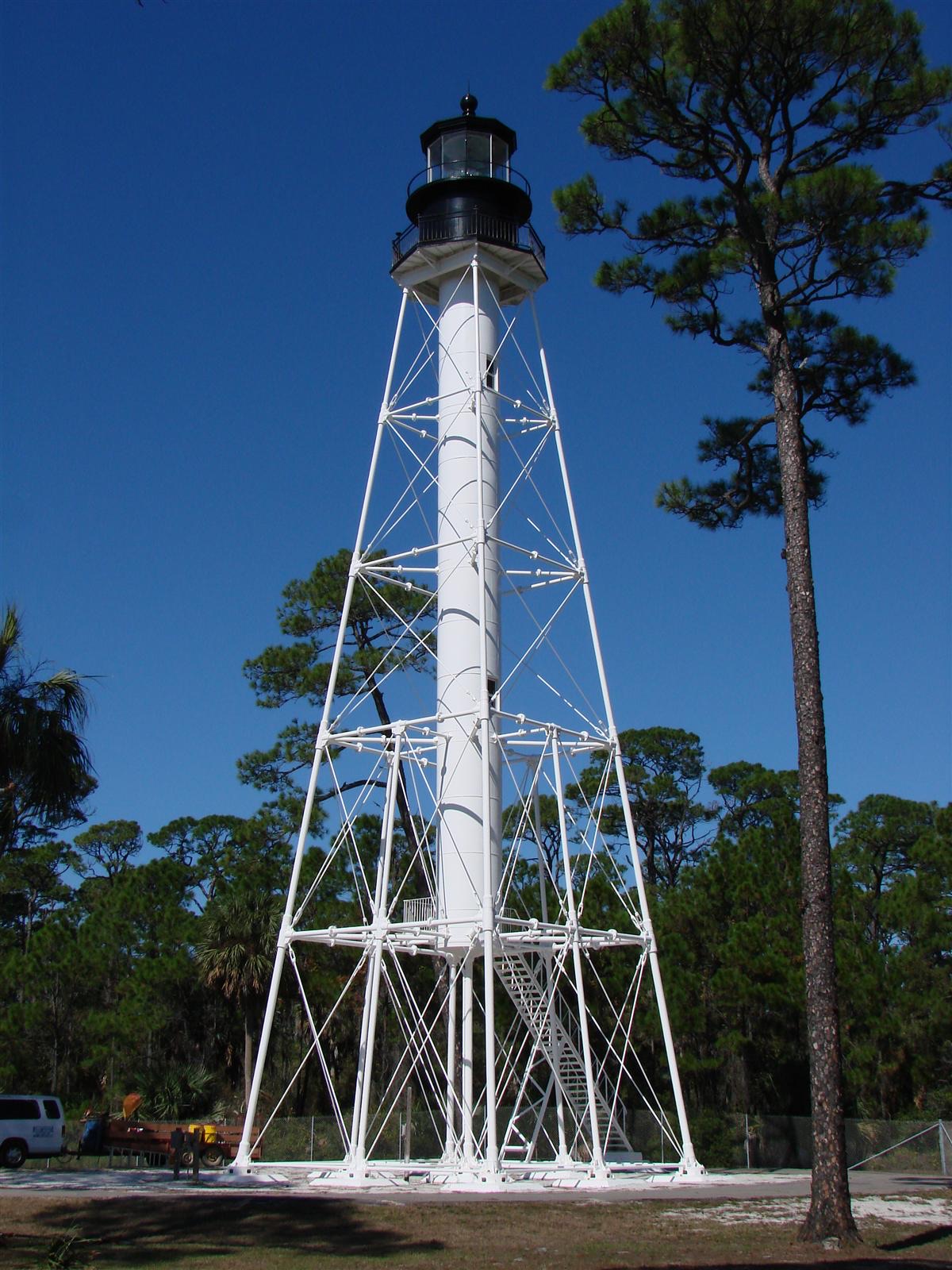 The white steel-skeleton Cape San Blas Lighthouse on the Florida panhandle coast.