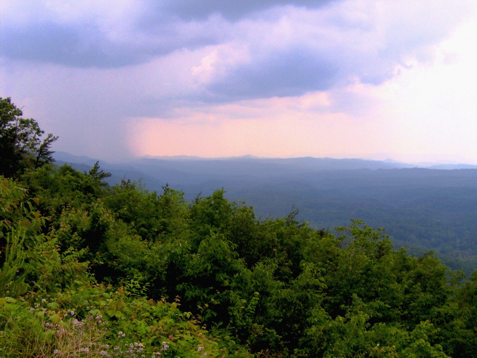 The Cherohala Skyway climbing through high forested mountains with layers of ridges beyond.