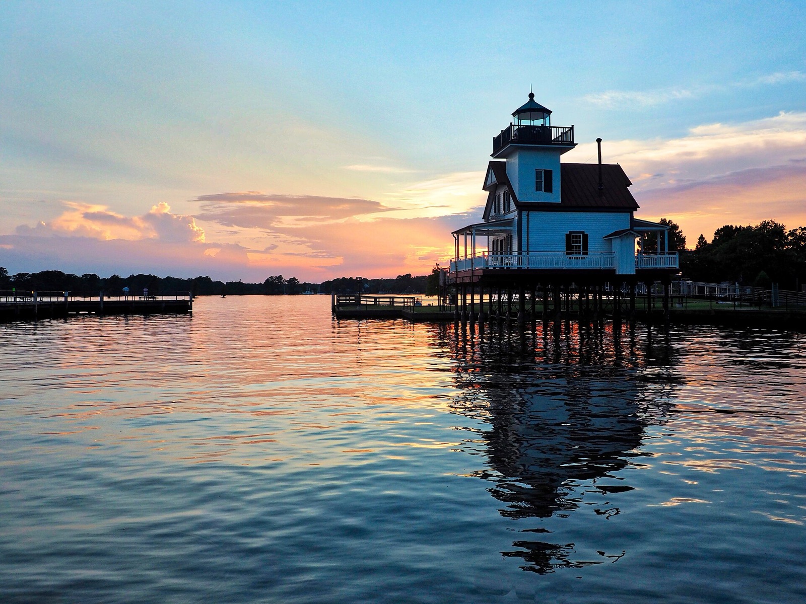 The Roanoke River Lighthouse, a small screw-pile light house preserved on the waterfront at Edenton, North Carolina.