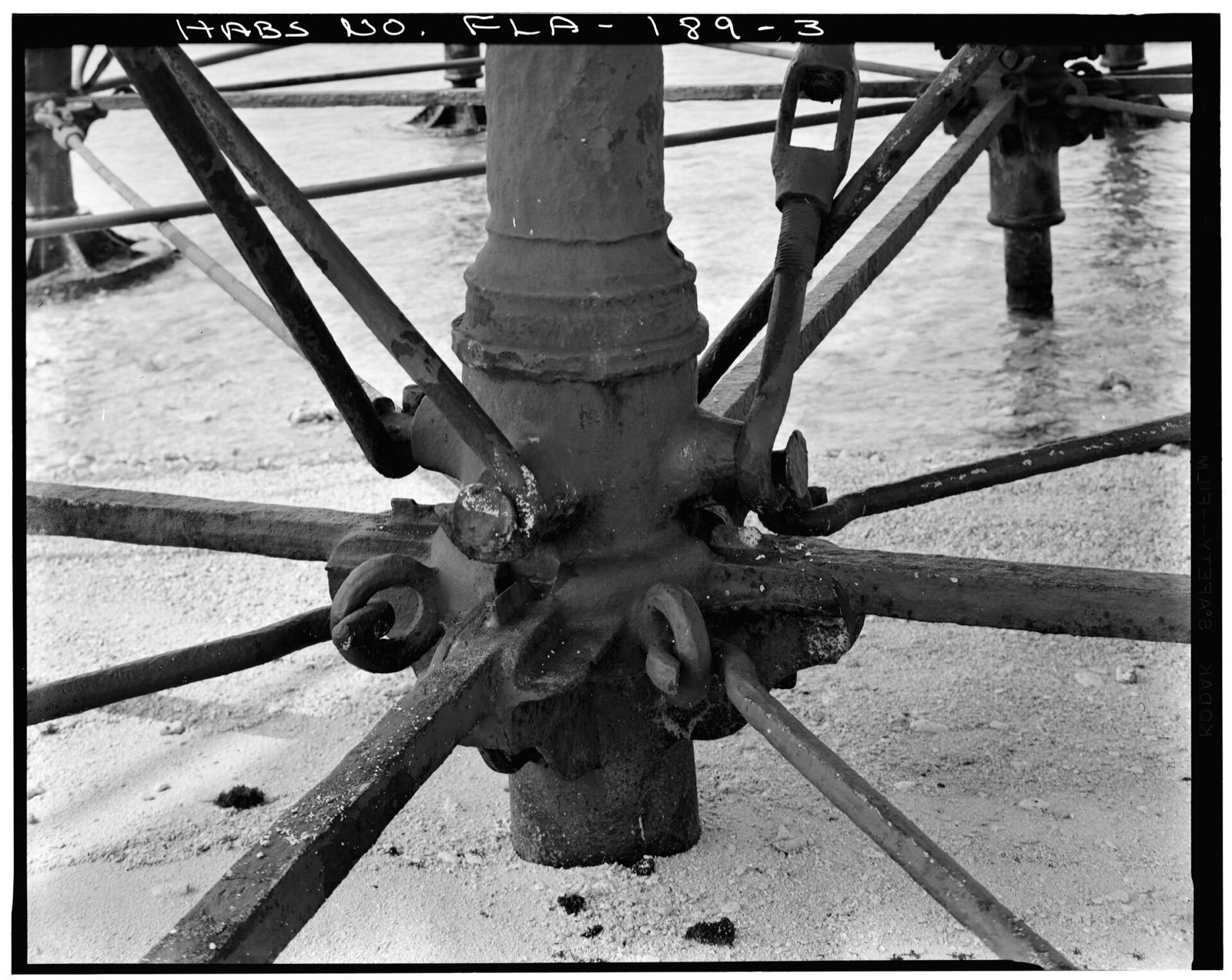 A screw-pile lighthouse footing: iron legs and a broad disc that anchored the light in the soft bottom.