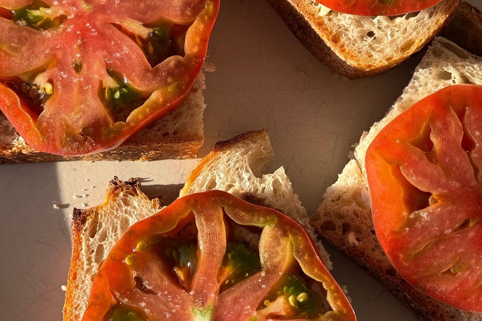 Slices of heirloom tomato on toasted artisan bread in warm sunlight, seen from above.